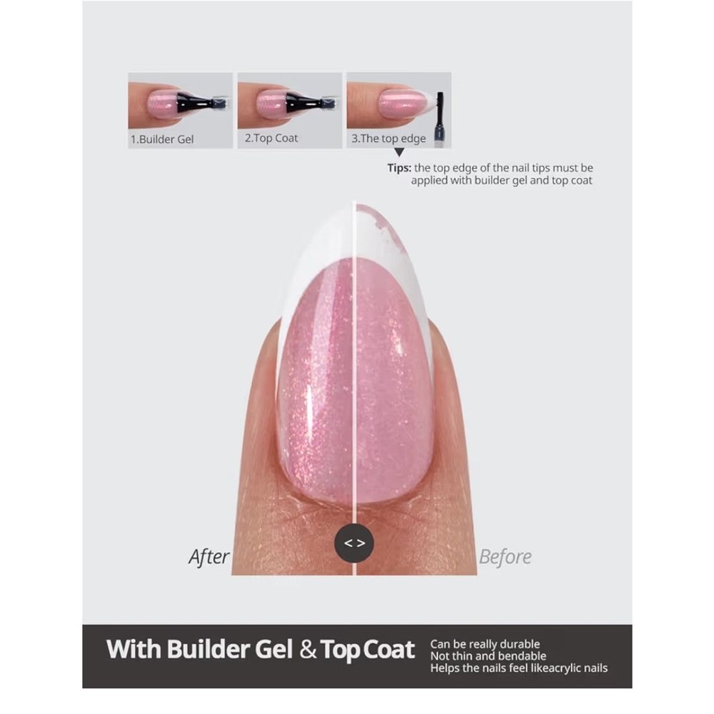 BTArtboxnails XCOATTIPS French Tip Press On Nails - Pink Glitter Medium Almond - Picture 4 of 7